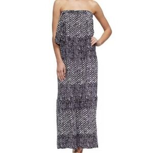 Strapless Smocked Blue & White Patterned Maxi Dress By Tavik